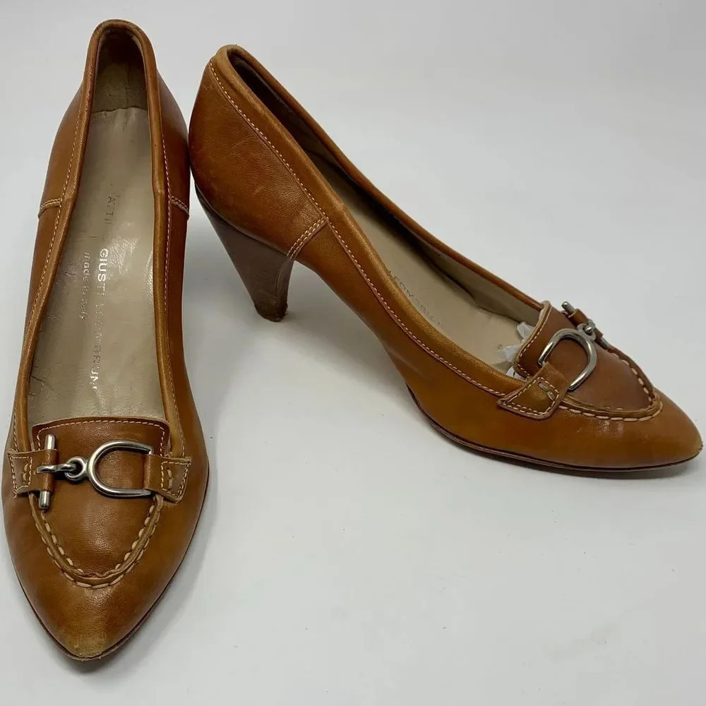 AGL Atillio Giusti Leombruni Heels Pointed Buckle Cognac Leather Brown Size 9.5